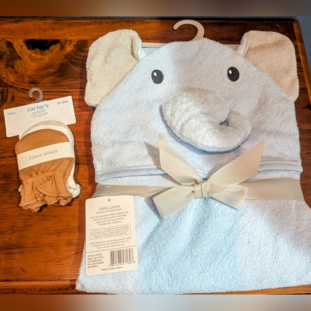 Hudson Baby Hooded Elephant Towel and Carter's 3 pack of baby mittens